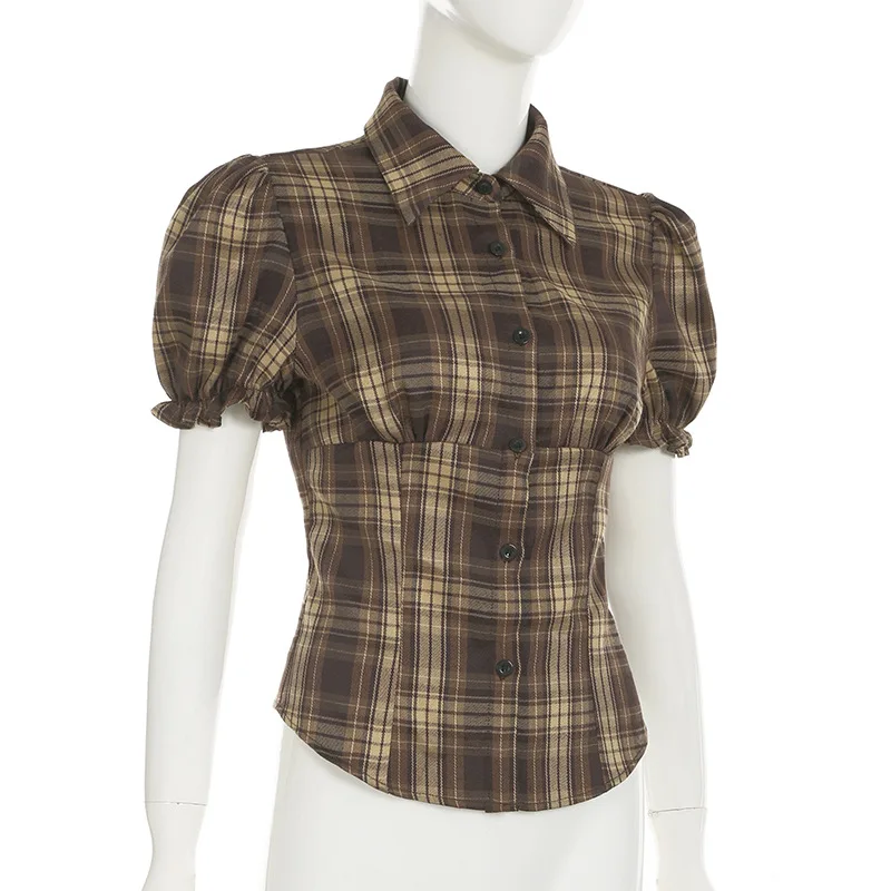 American Retro Plaid Bubble Sleeve T-shirt Hot Girl Waist Button Lapel Casual Shirt Woman