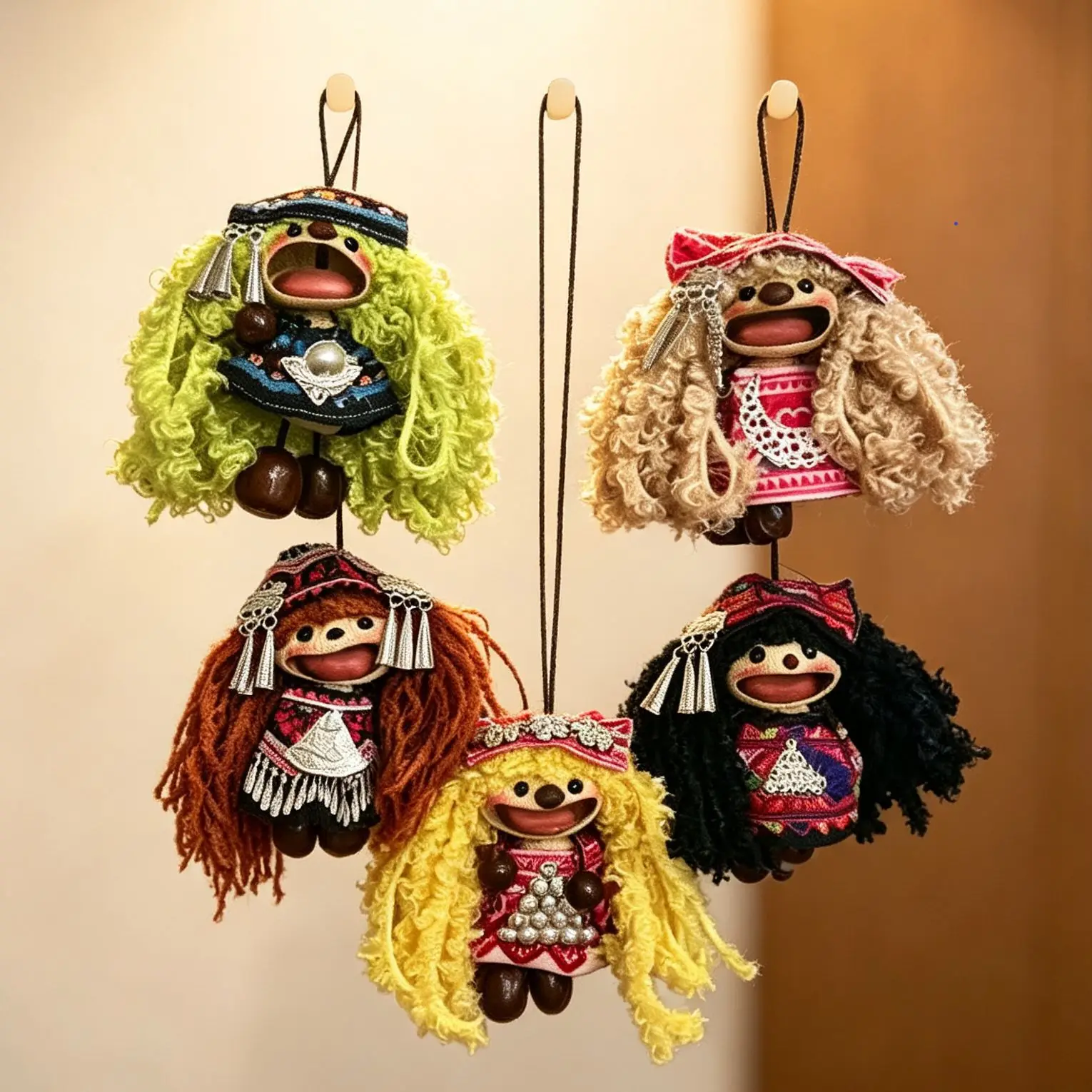Bohemian Handmade Nutshell Doll Bag Charm with Curly Hair Cute Doll Charm Fashion Accessories Suitable for Backpacks and Cars