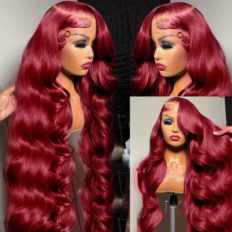 Peluca de cabello humano sin pegamento para mujer, Frontal transparente de encaje postizo, color rojo borgoña 99J, HD 13x6, 30 y 36 pulgadas