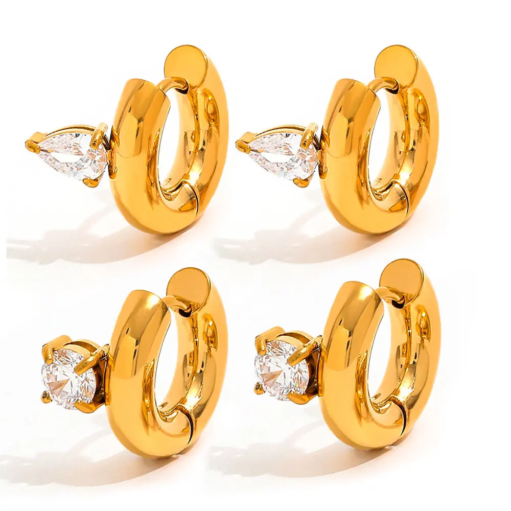 

Joolim Jewelry High Quality PVD Wholesale Fashion Chunky Round Teardrop Zirconia Huggie Stainless Steel Earring for Women