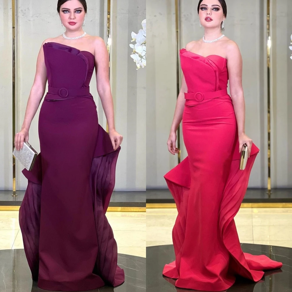 Customized  Evening Jersey Sash Ruffle Clubbing Sheath Strapless Bespoke Occasion Gown Long Dresses Saudi Arabia  