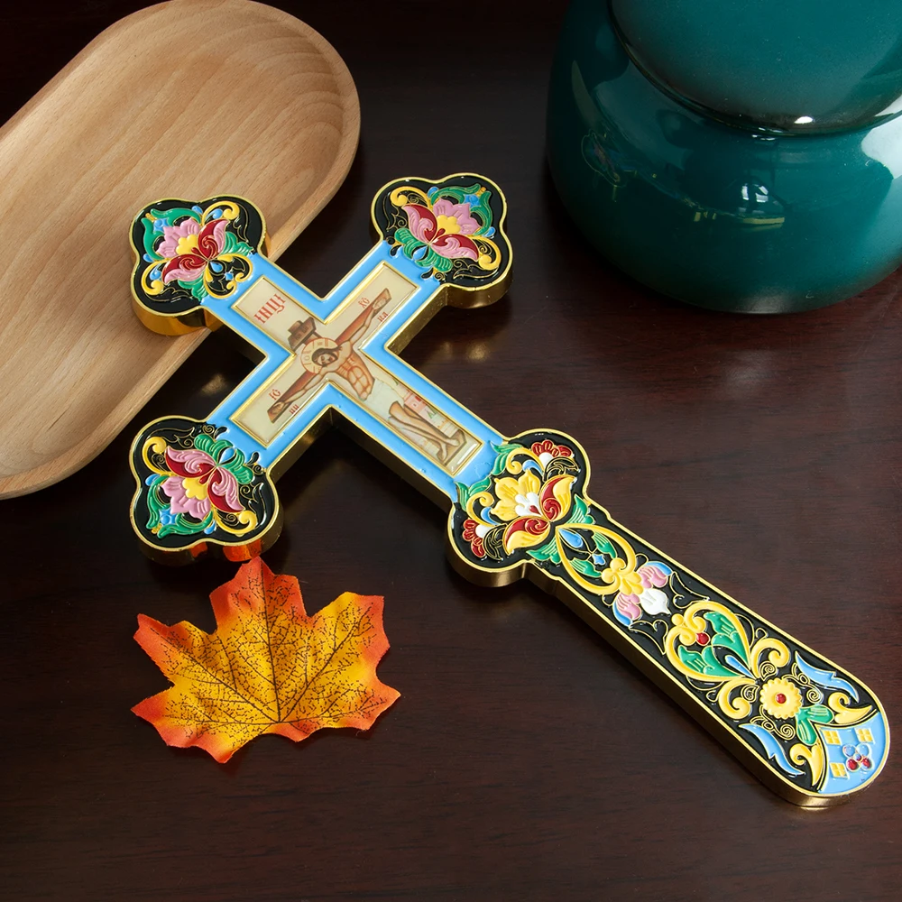 Neues Orthodoxes Kruzifix, Jesus-Ikone, Kreuz mit Emaille im byzantinischen Stil, christliches Kreuz für Gebetsrituale, heilige Altardekoration für Zuhause – Detail 10
