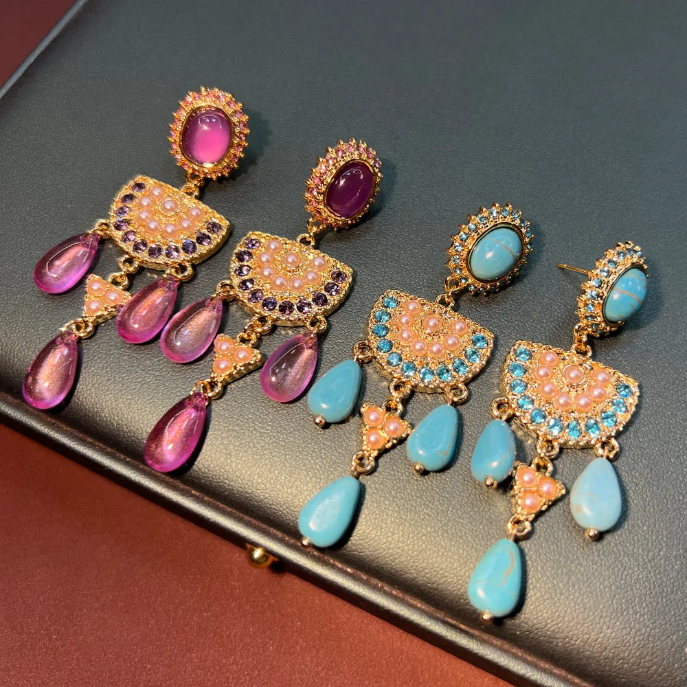 

Bohemian fringed turquoise glazed earrings vintage exquisite niche antique S925 earrings batch