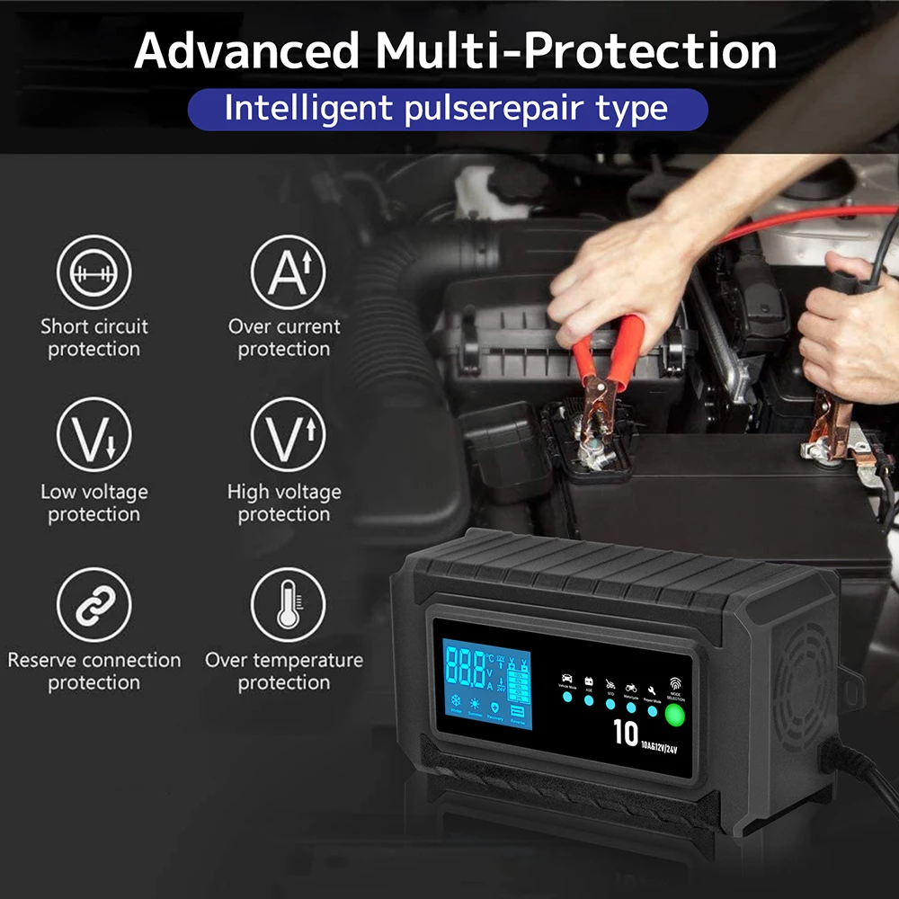 12V/24V Intelligent Car Battery Charger AC100V 110V 220V 230V Automatic Smart Fast Charging Wet Dry Lead Acid Gel AGM Battery