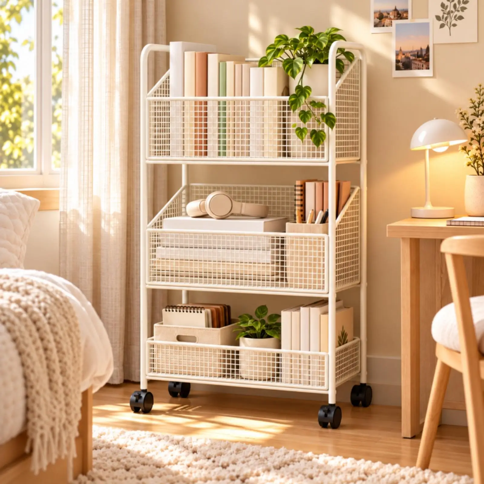 Wire Storage Basket Unit Space-Saving Slim Vertical Storage Cart with Handles Three-Tier Rolling Cart with Wire Baskets Compact