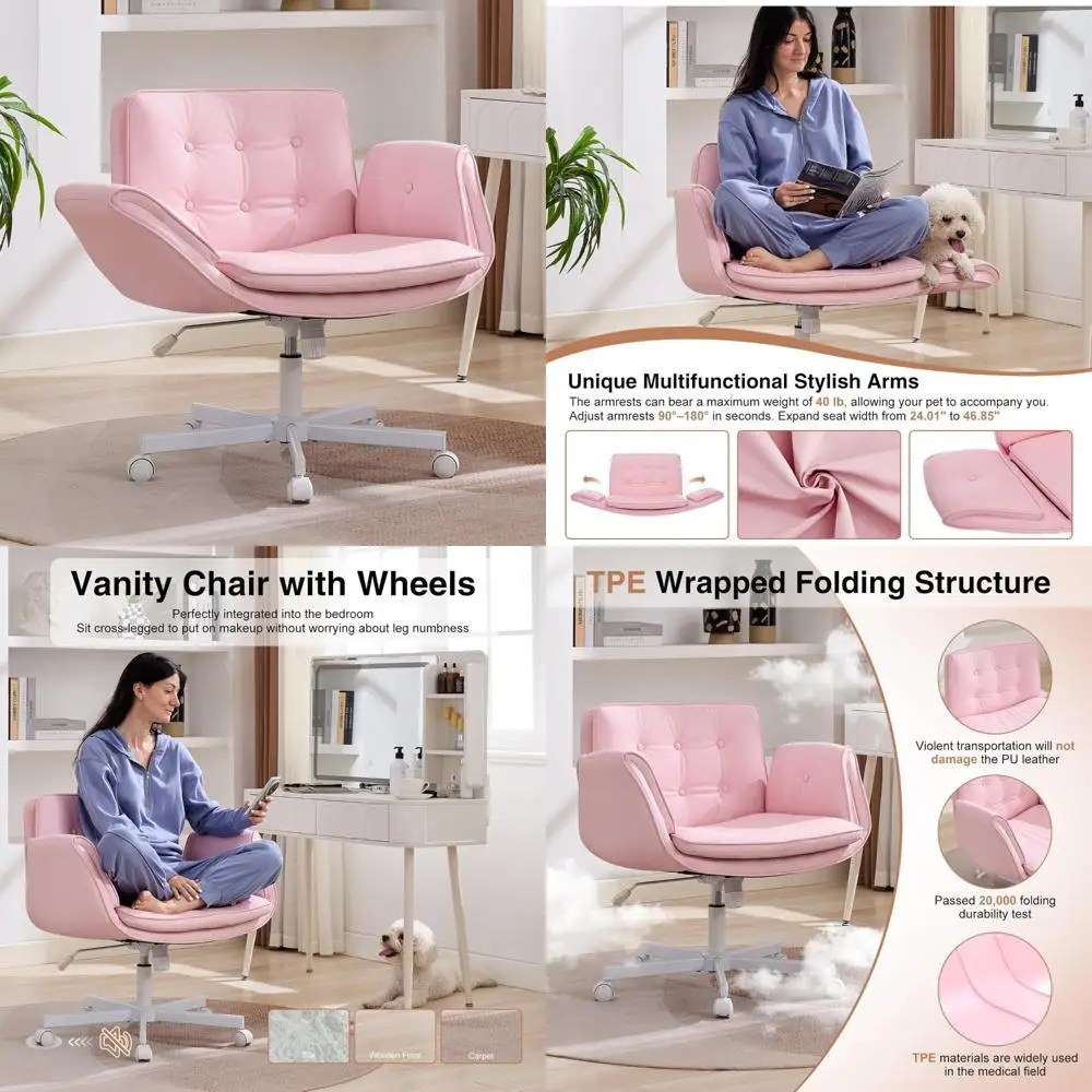 

Swivel Office Chair with Wheels and Armrests, Pink Desk Chair with Back Support, Ergonomic Cross-Legged Seating for Comfort