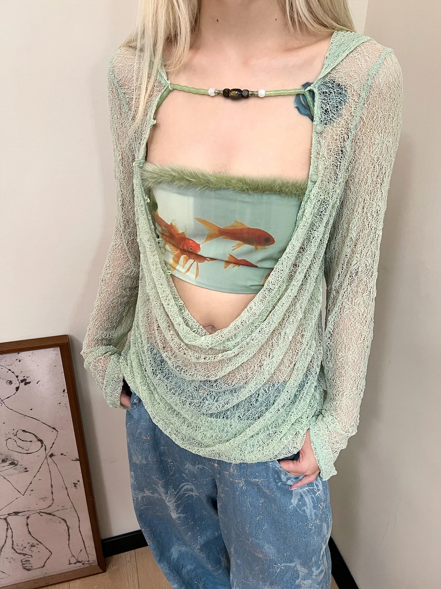 

Original Design Long Sve Lace Knitted Sun Protection een Hollow out Hoodie Versatile Cover up Cool Sle Polyester Blend