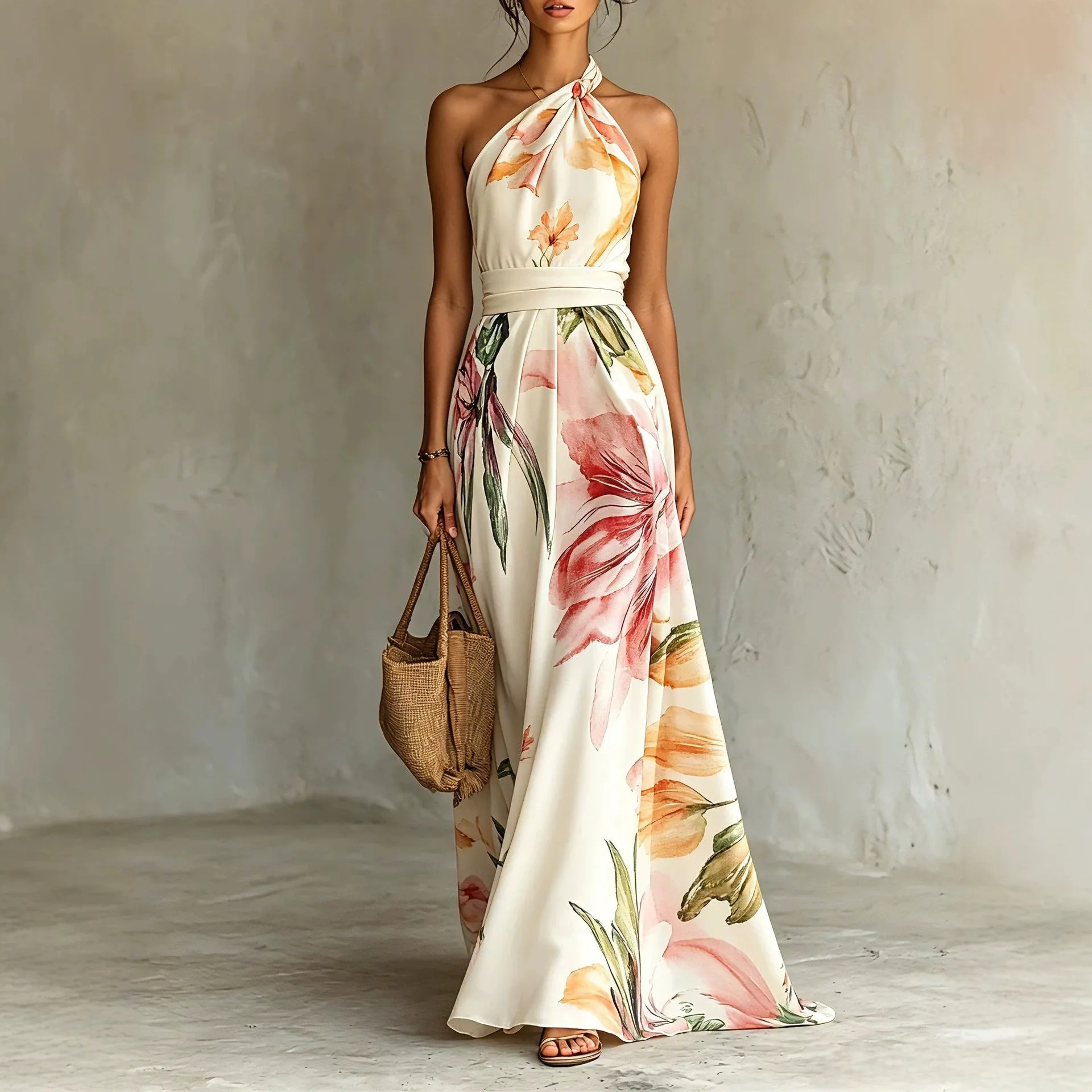 Elegant Watercolor Big Flower Print Halter Neck Maxi Dress Sleeveless Waist Tie Flowy Long Dress For Beach Wedding Evening