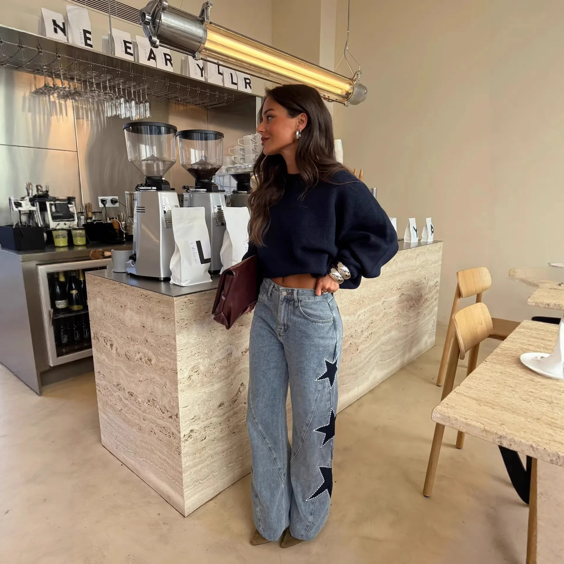 

Leisure Five Star Decorated High Waist Straight Leg Jeans Women's Pants Denim Fabric Button Closure Casual Trousers