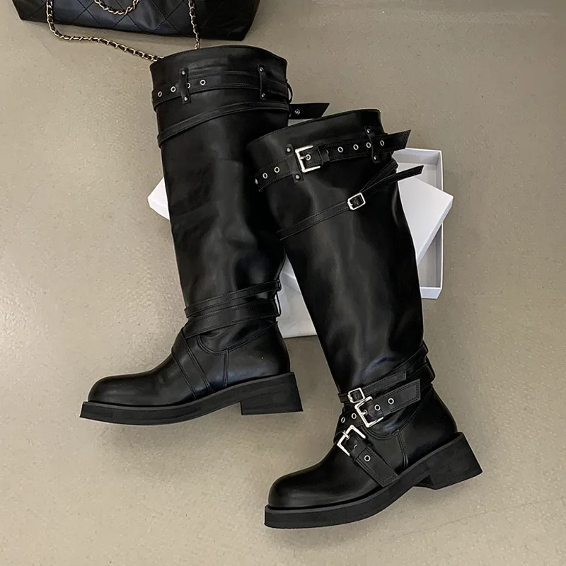 Eilyken Street Design Multi Belt Metal Buckle Knee-High Boots Women Low Heels Shoes Fashion Hot Girl Motorcycle Knight Booties