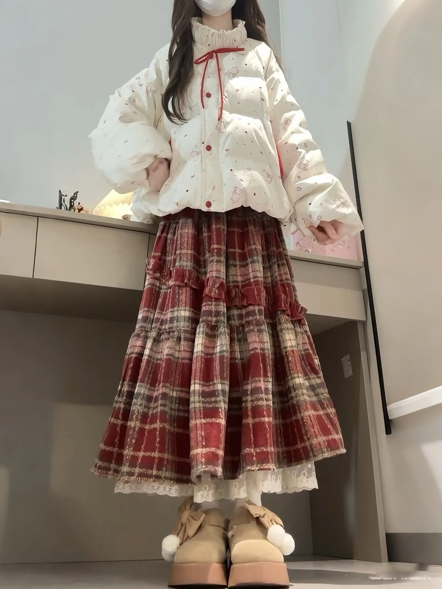 

Зимний теплый хлопковый комплект: куртка и юбка в клетку для женщин, уникальный новогодний дизайн, большие размеры, модный ретро-стиль