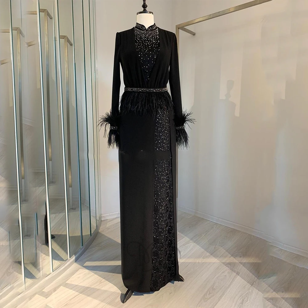 

Black Evening Dresses Muslim High Neck Full Sleeves Prom Dress With Feather Jersey Sheath Floor Length Vestidos De Graduación