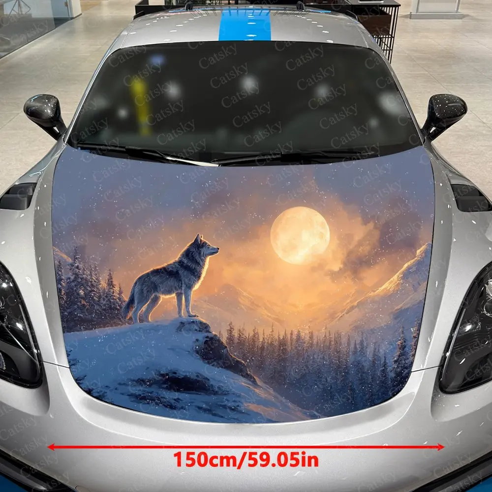 Howling Wolves In The Snowy Forest Car Hood Graphic Stickers, Car Aesthetics, Eye-catching Pattern Decorations, PVC Waterproof S