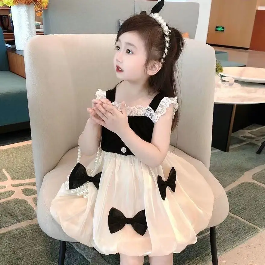 Summer Baby Girl Sling Dress Korean Style Black White Bow Princess Dress Kid Lace Puffy Tulle Dress Toddler Girls Casual Clothes