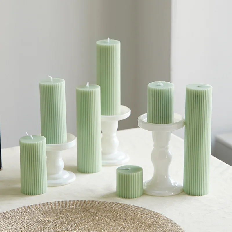 Ins Fresh Green Striped Cylindrical Scented Candles Romantic Solid Color Wedding Souvenirs Fresh Green Candle Ornaments