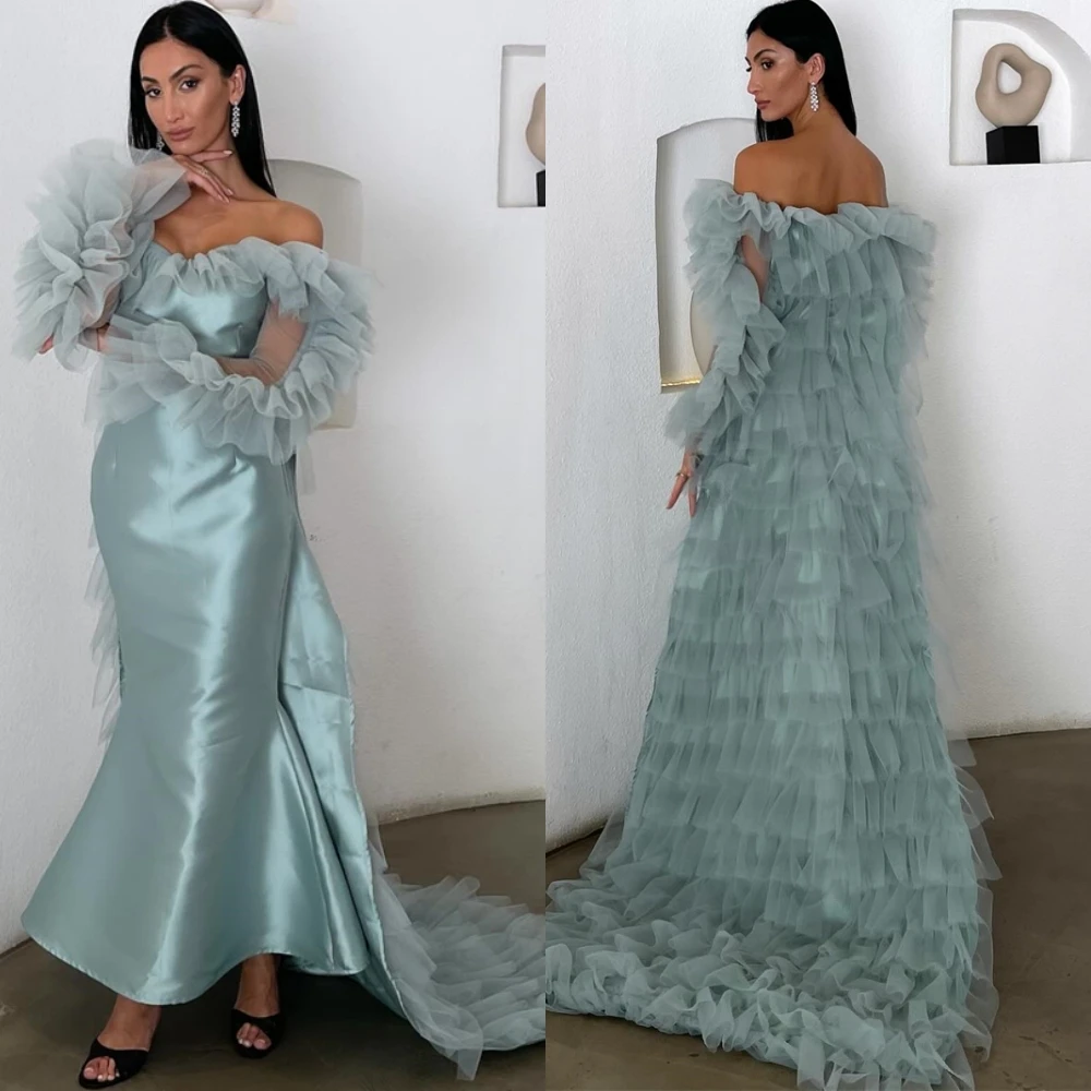 Customized Modern Satin Mermaid Evening Dress Delicate Boat Neck Prom Dresses Temperament Watteau Train Special Occasion Gowns