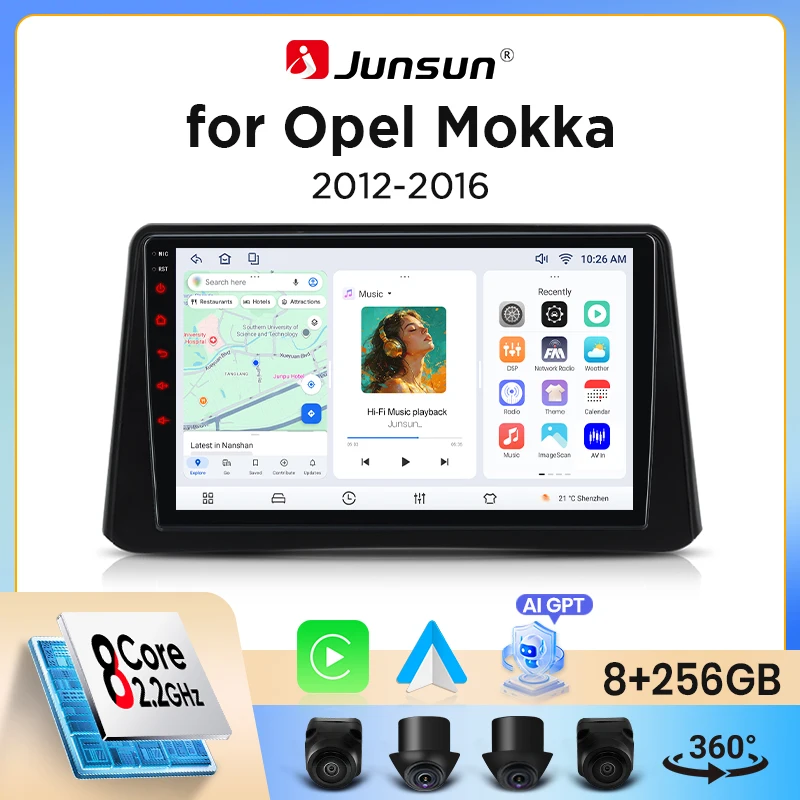 Autoradio Junsun sans fil CarPlay Android Auto pour Opel Mokka (Mokka X) 2012-2019 avec ventilateur de refroidissement intégré, navigation GPS Android, lecteur multimédia, WiFi, DSP, RDS, BT, SWC,