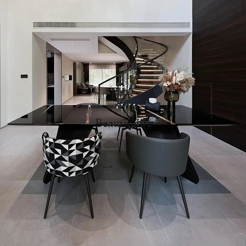 

Natural Lauren black gold luxury stone dining table simple light luxury household marble rectangular dining table