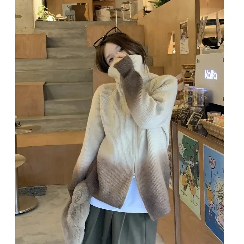 Gradual Knitted Cardigan Turtleneck Loose Long-sleeved Coat Casual Loose Thick Lapel Zipper Top Sweater Women Autumn And Winter