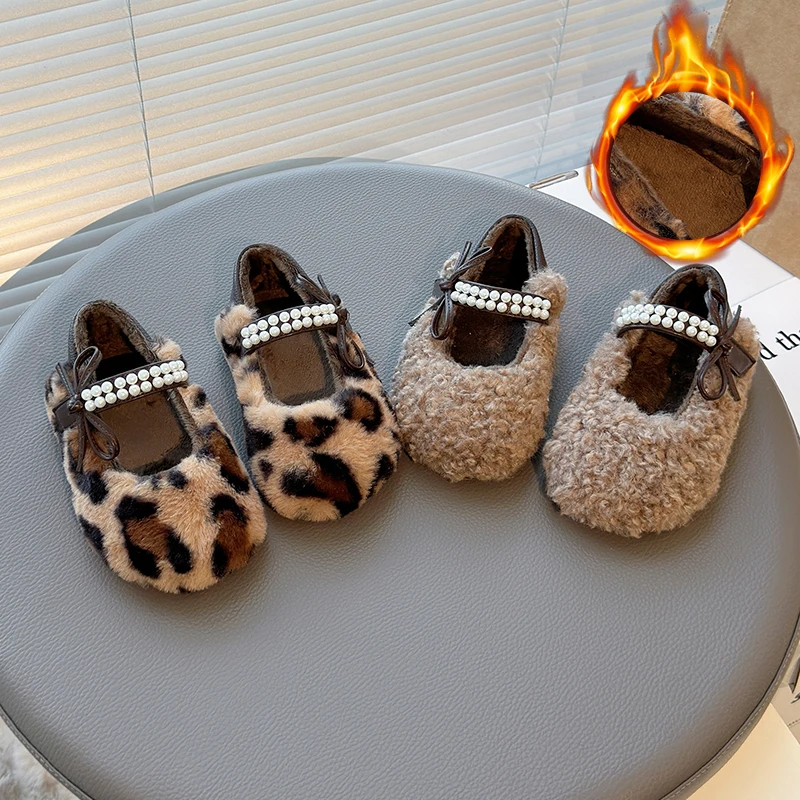 الفتيات الفراء أحذية ليوبارد القوس اللؤلؤ طفل أحذية قطنية 2-16 سنة الكاكي شقة عدم الانزلاق الأطفال ماري جين أحذية الفتيات أحذية أطفال طويلة الرقبة #4