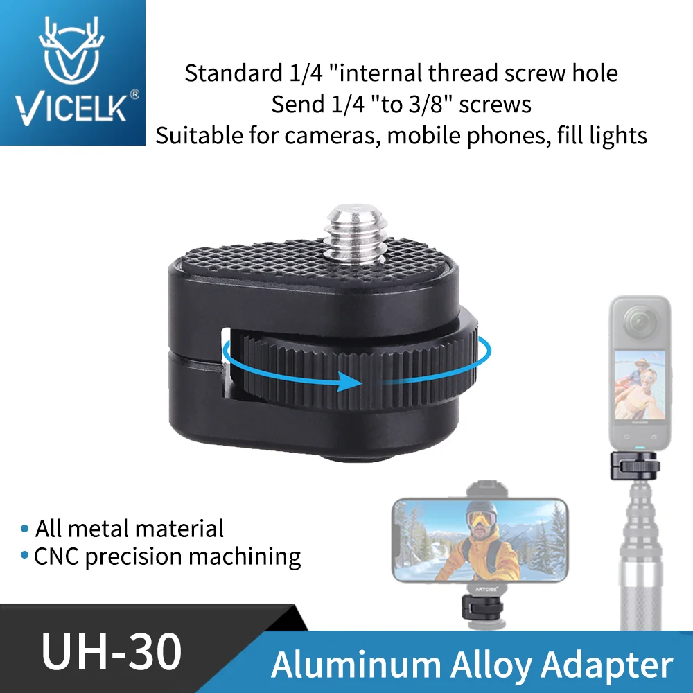

VICELK UH30 Aluminum Alloy panoramic Adapter Lightweight for Camera Phone Fill Light Go Pro Action Camera with 1/4 &3/8 screw