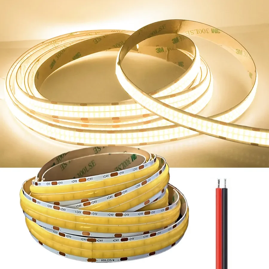 DC24V COB LED Strip 2000lm/m Double Row 600LEDs/m Flexible Dimmable Led Lights RA90 Tape Lighting 3000K 4000K 6500K Super Bright