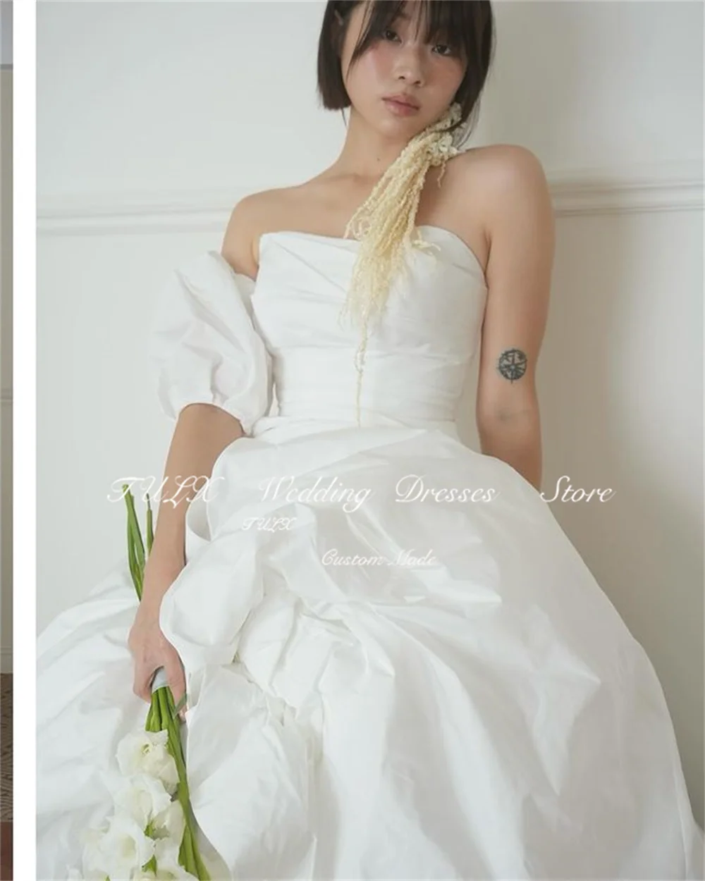 TULX Simple A-ligne Manches Bouffantes Corée Mariage Séance Photo Chérie Taffetas Longue Robe De Mariée Corset Retour Dende Commande 2025