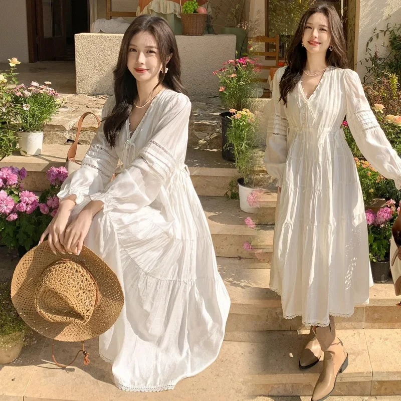 New Hot Sale Of The Season White Dress Fashionable Spring Trend Dopaamine Tea System Style V-neck Lantern Sleeve Maxi Skirt Eleg