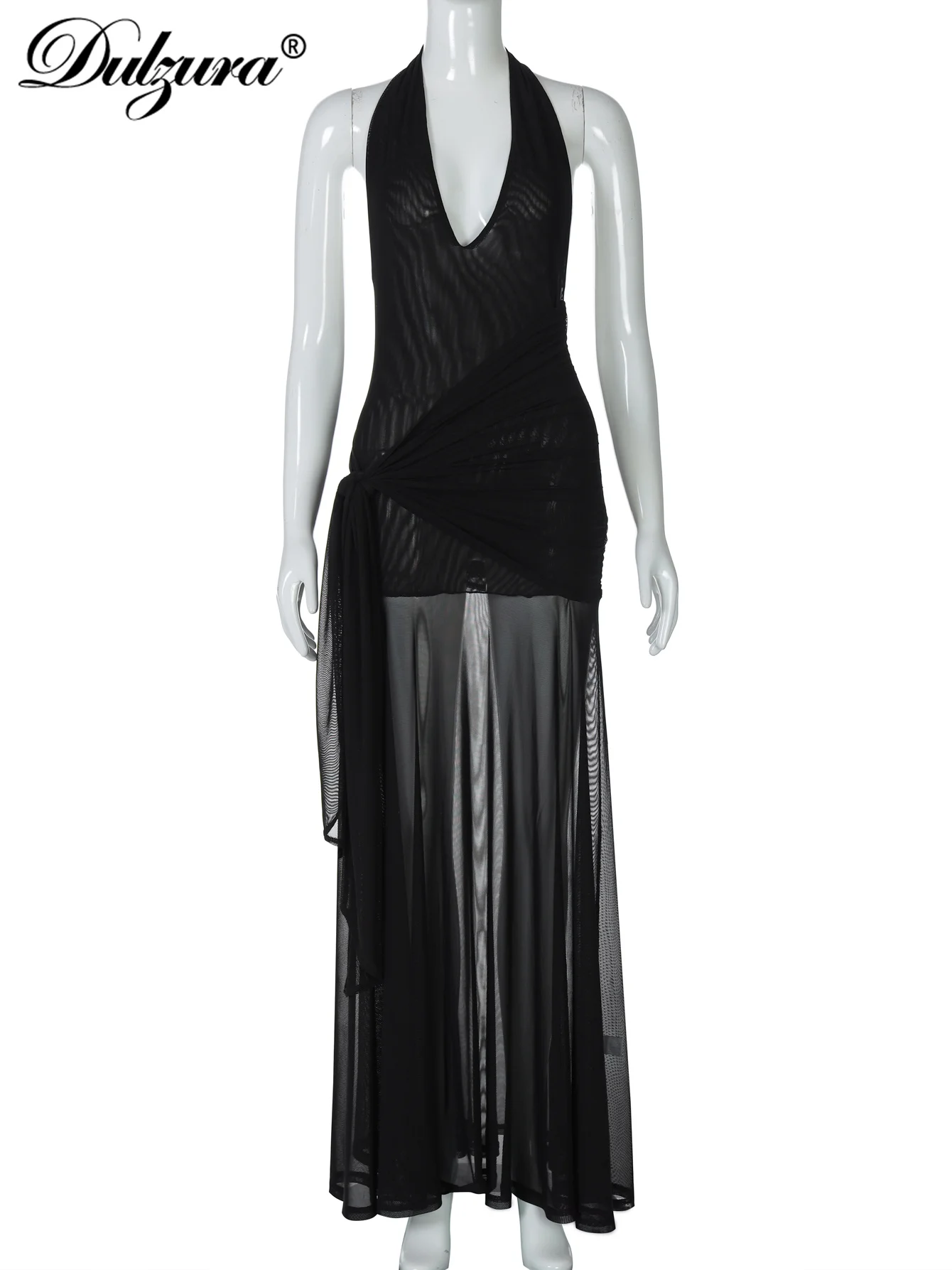 Dulzura Sleeveless Halter Backless  Lace Up Ruched Patchwork Sheer Mesh Floor-Length Dress Solid Sexy Outfit  Party Club Summer