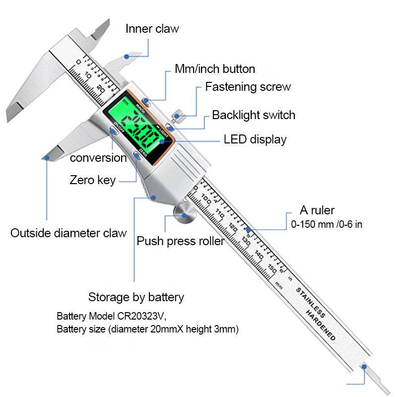 Digital Vernier Caliper 6 Inch 150mm Stainless Steel Electronic Metal Caliper Micrometer Depth Measuring Tools Electronic Ruler