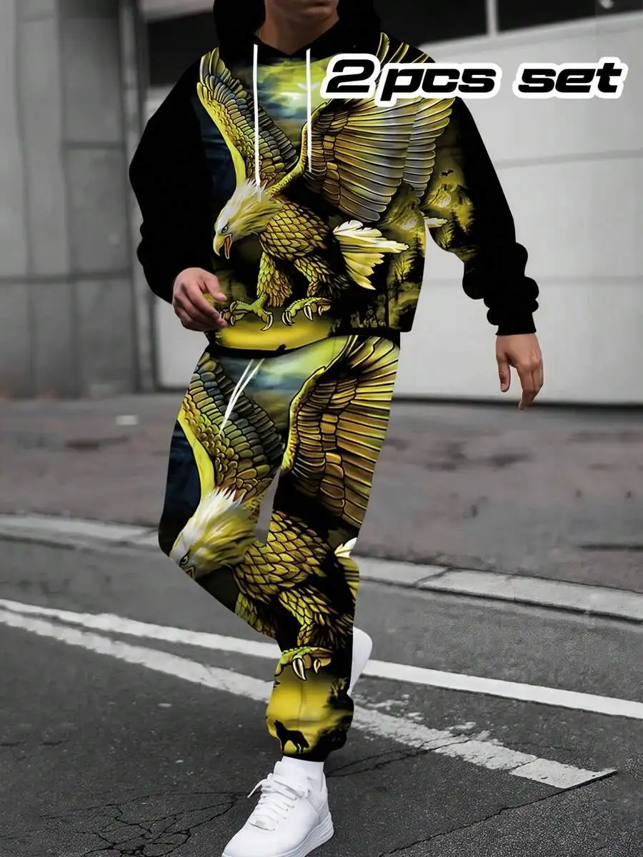 

2pcs Mens Eagle Print Hooded Tracksuit Set Full-Zip Sweatshirt And Pants Polyester Elastane Casual Athletic Outfit