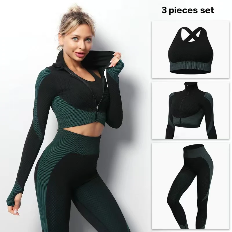 

2022 4XL Plus Size 3 Pieces Women Seamless Active Wear Sport Suit Zip Jacket Workout Yoga Set