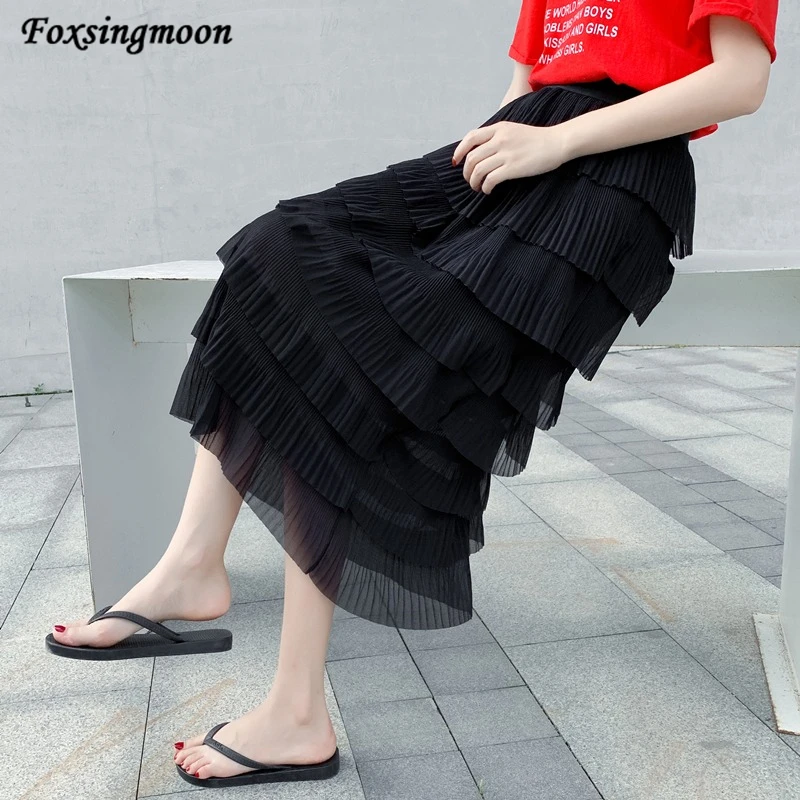 

Women Mesh Chiffon Skirts Pleated Skirt Summer 2022 New High Waist Elastic White Black Chic Long Cake A-line Skirt For Women