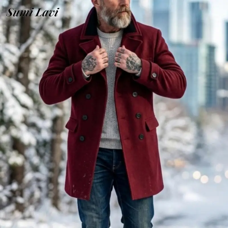 Autumn Winter Daily Outdoor Mens Woolen Double Breasted Overcoat Vintage Long Coat Solid Color Fashion Loose Fit Jacket For Men