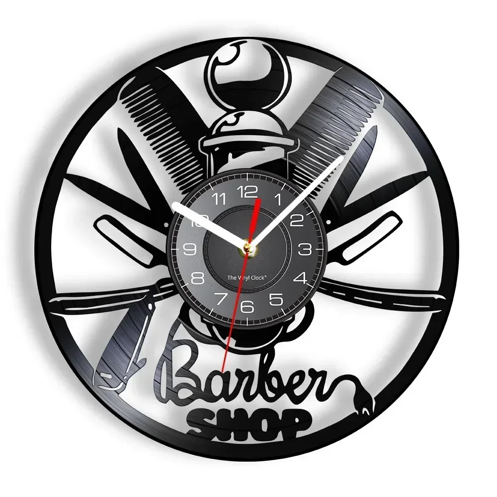 Barber Shop Tools Vintage Design Illuminated Wall Clock Hair Salon Lamp Razor Scissors Comb Vinyl LP Record Wall Watch Artwork