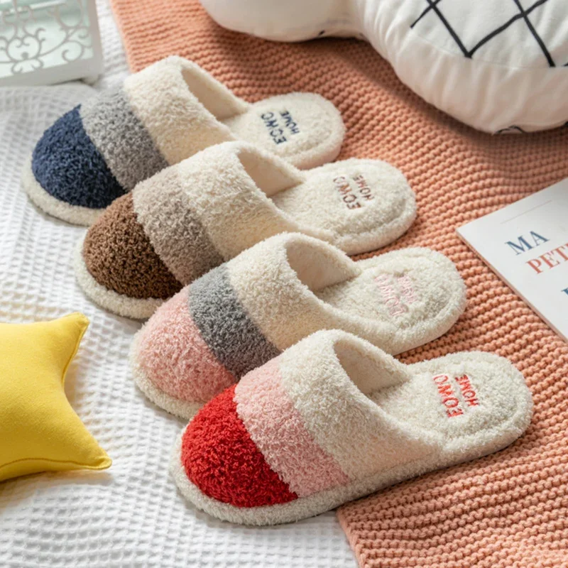 Mode Winter Warmes Zuhause Hausschuhe Frauen Komfort Nicht Slip Indoor Hausschuhe Frau Leichte Unisex Mischfarbe Plüsch Hausschuhe