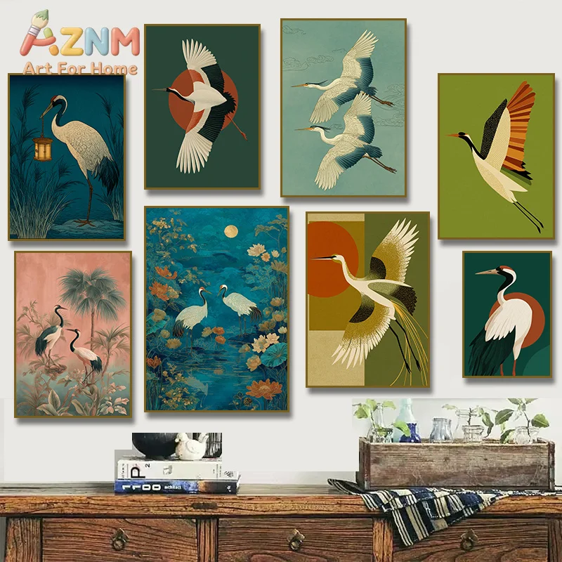 AZNM Japanese Red‑Crowned Crane Canvas Wall Art, Oriental Lotus Bird Vintage Illustration Print, Asian Style Living Room Home De