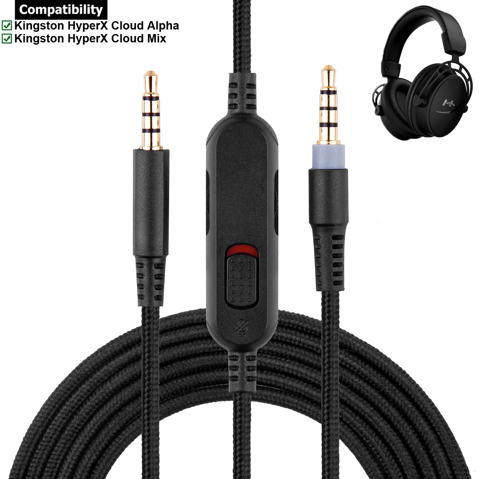 Braided Replacement Cable Extension Cord for Kinston HyperX Cloud Mix Alpha Gaming Headsets With Mute Function Volume Control