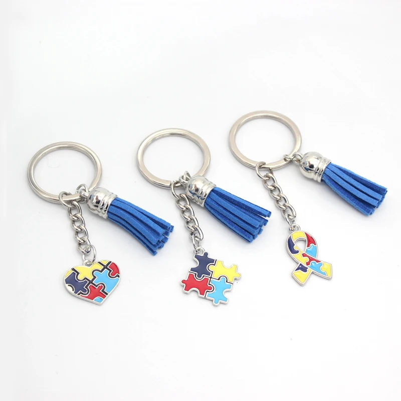 New Arrival Puzzle Piece Ribbon Awareness Autism Keychain Tassel Key Chain Key Holder Dropshipping Jewelry Gifts