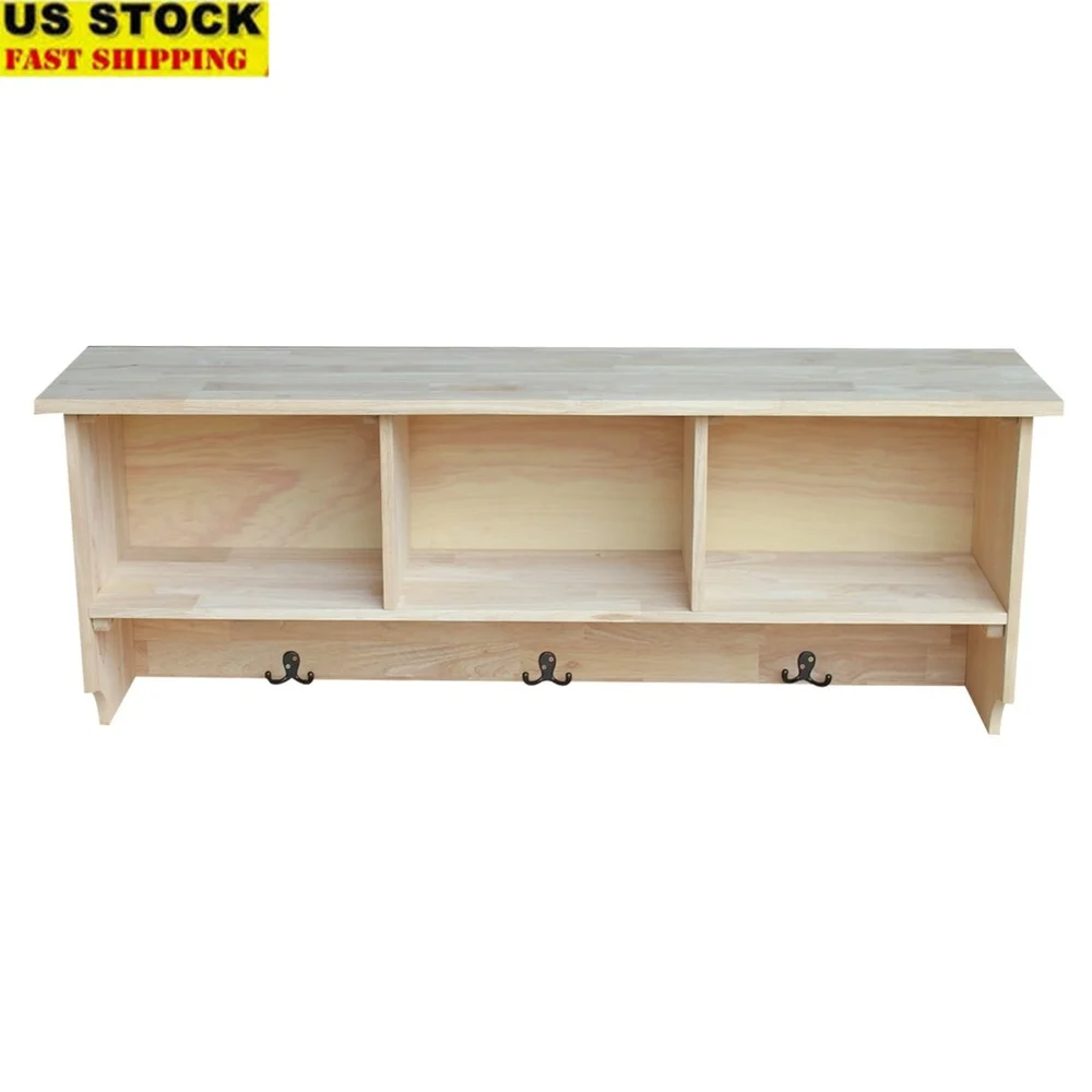 

Solid Wood Wall Shelf Unit with Three Storage Compartments Double Hooks Indoor Mounting Durable Parawood Unfinished Design