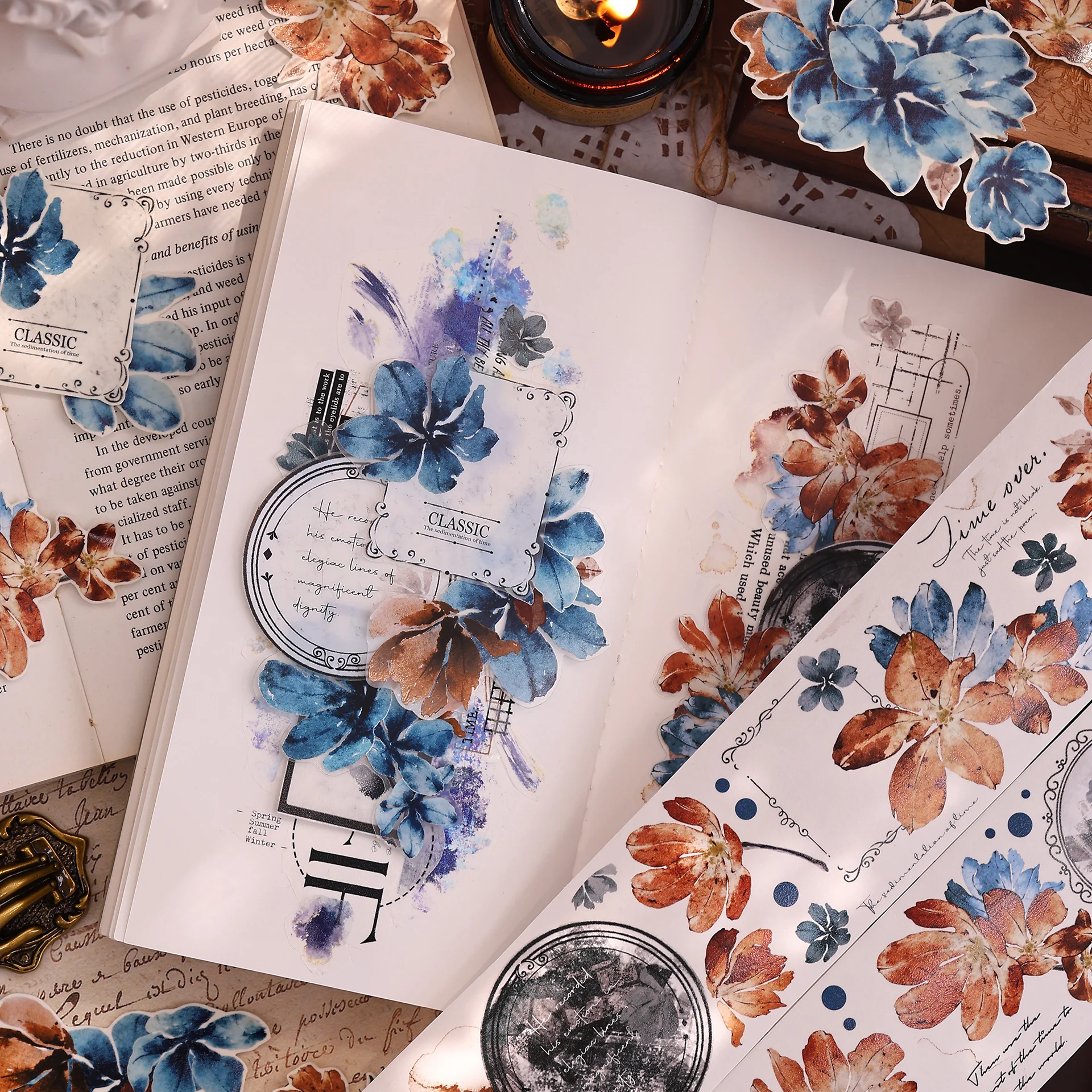 

4.9 New Washi PET Tape Roll [Drawing Language] Retro Blue Brown Flower Collage Card Sticker Journaling Supplies Xiao Bai Jia