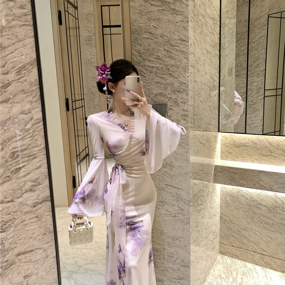 

V-Ne Bell Sve Printed Tulle Dr with Bow Knot at oulder High Waist Long Dr for Autumn Season Women's Faion