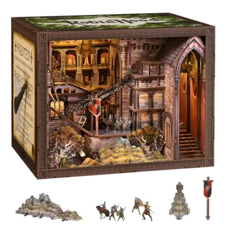 

Book Nook Kit - DIY Miniature Dollhouse with LED Light for Adults and Teens Robin Hood Castle Escape Theme Wooden Bookshelf Dec