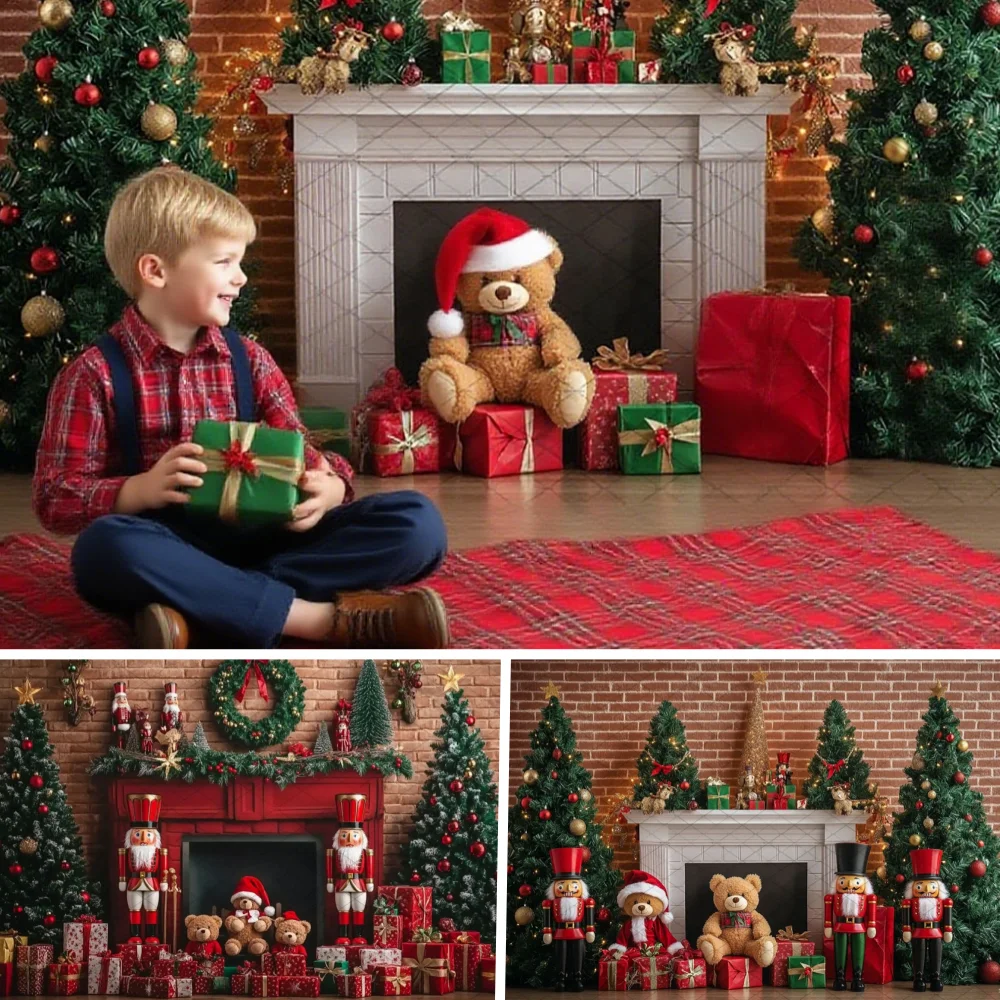 

Christmas Fireplace Red Brick Wall Photography Background Nutcracker Soldier Toy Xmas Tree Gift Backdrop Winter Photo Studio