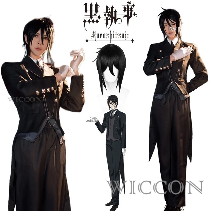 Black Butler Cosplay Sebasuchan Cosplay Anime Kuroshitsuji Sebastian Michaelis Cosplay Costume Unisex Uniform Suit with Brooch