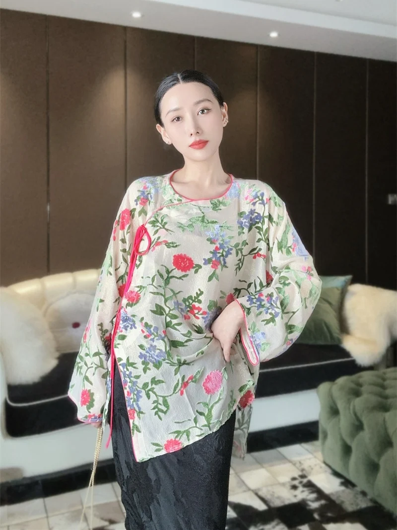 

New Chinese Sle Silk Top Women's Asymmetrical Hem Tie Dye Ele Small irt Gold Leather Emed Floral Pattern