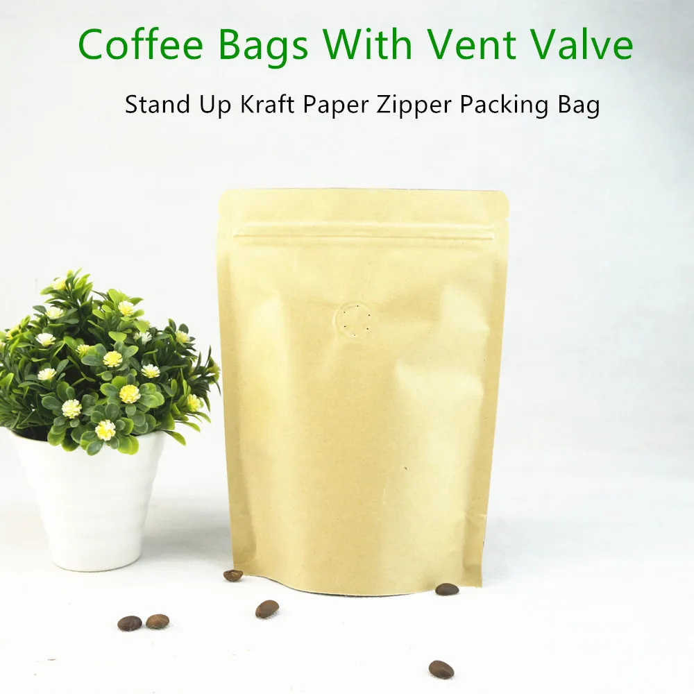 

Coffee Valve Bag 100pcs Brown Standing Up Kraft Paper Zip Lock Bags with Vent-valve & Inner Aluminum Foil, Zipper Pouch Tea Pack