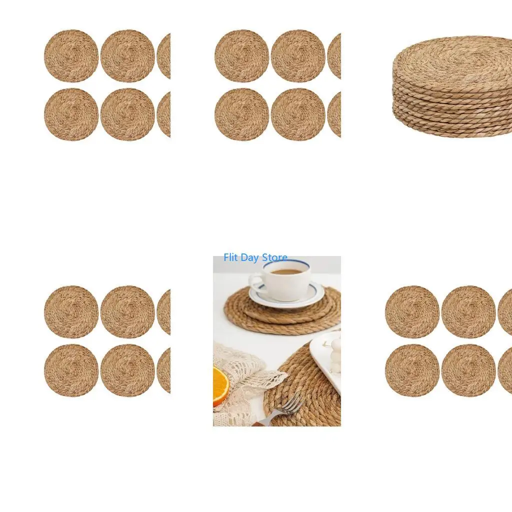 F92C Round Place Mat Set of 6, Natural Straw-Look Tables Placemat for Daily Dining Tables, Dish Service, and Home Use