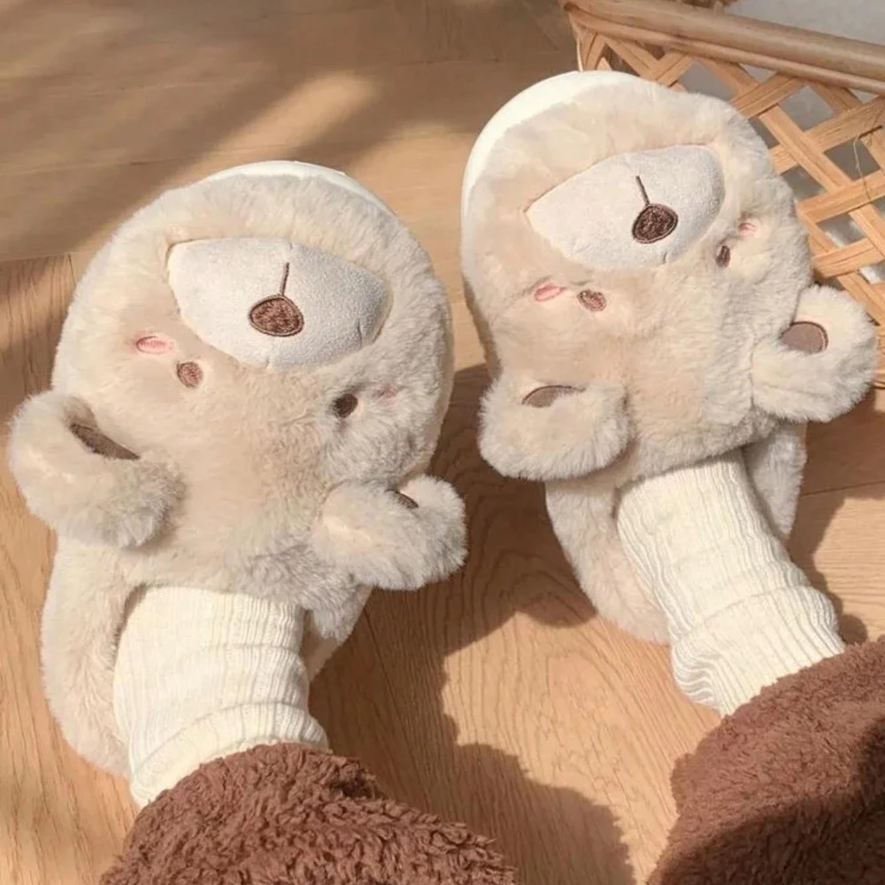 Cute Bear Single Band Winter New Women Slipper Soft Heel Platform Fur Warm Indoor Comfortable Home Fluffy Home Slippers