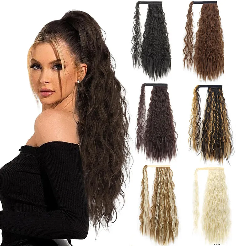 22inch Corn Wave Ponytail Extension Clip in Long Wavy Curly Wrap Around Pony Tail Heat Resistant Synthetic Hairpiece for Women